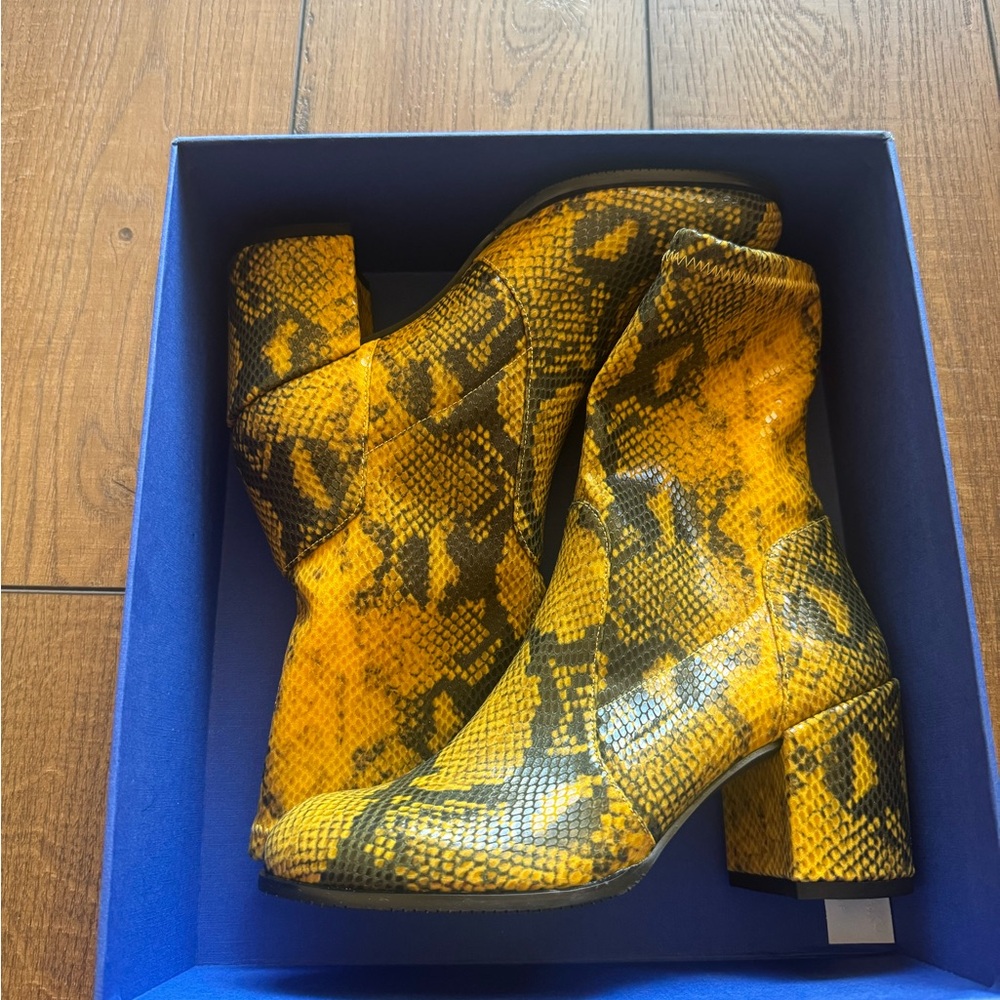 Stuart Weitzman Yellow and Black Snake Print Heeled Boots